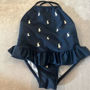 Ralph Lauren one piece bathing suit.  Navy blue with white Polo logo.